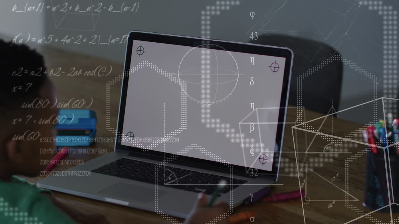 아프리카계 미국인 소년 이 노트북 에서 복사 공간 을 가지고 학습 하는 화학 공식 의 애니메이션