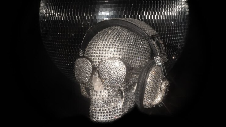 incredibile cranio ricoperto di diamanti con cuffie e occhiali da sole