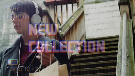 Animation-of-new-collection-text-on-video-camera-screen-with-digital-interface-and-woman-shopping