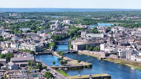 beautiful view of galway city historic old town and river. sunny day in ireland. aerial