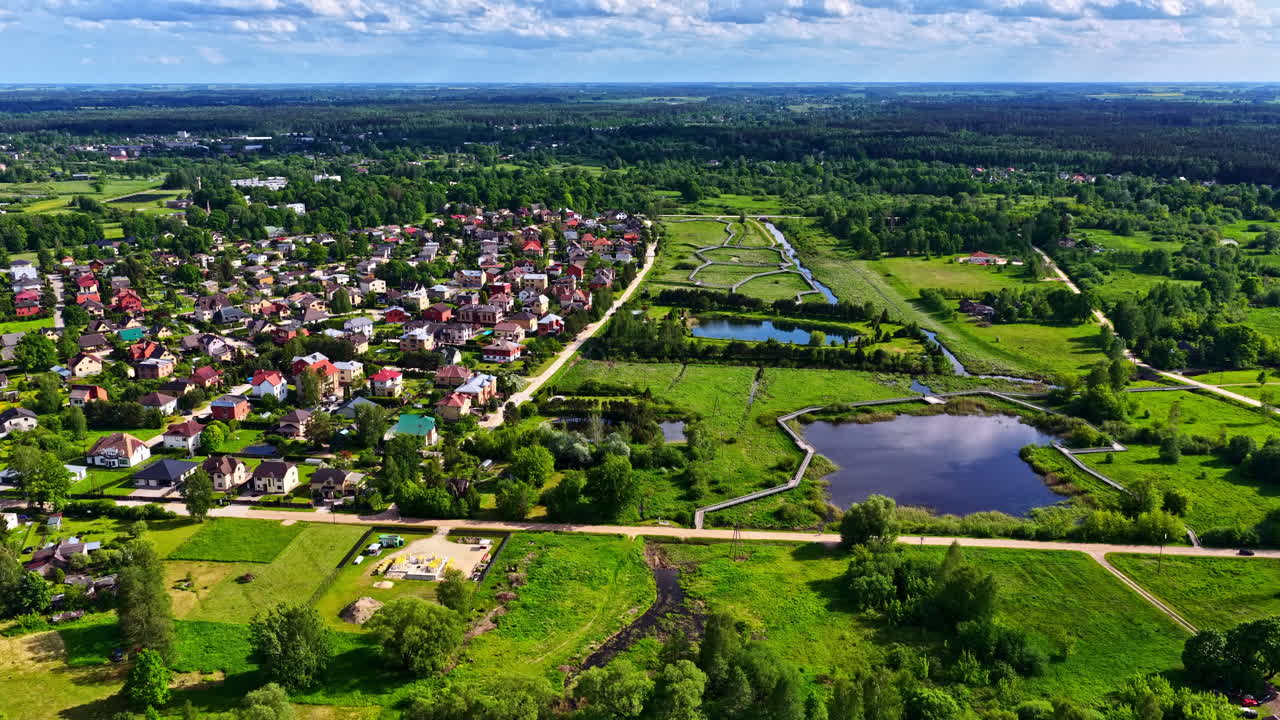 Small suburban neighborhood with ponds and surrounding green landscape seen from above
