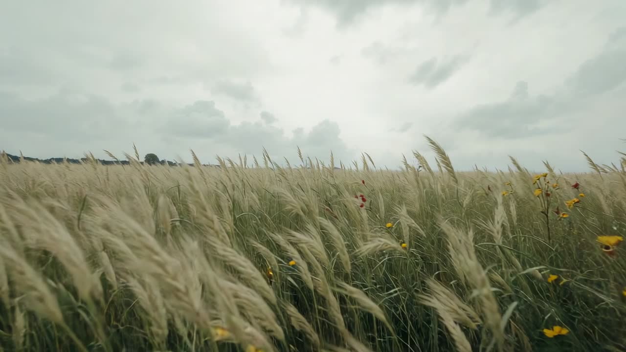 Erbe alte che ondeggiano con spighe piumose che si piegano nella prateria, mentre il vento a raffiche muove i fiori selvatici.