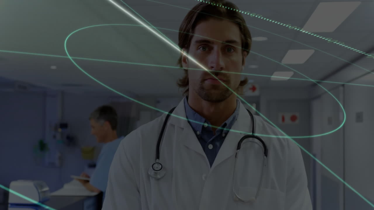 Doctor in hospital hallway with digital data lines overlay animation