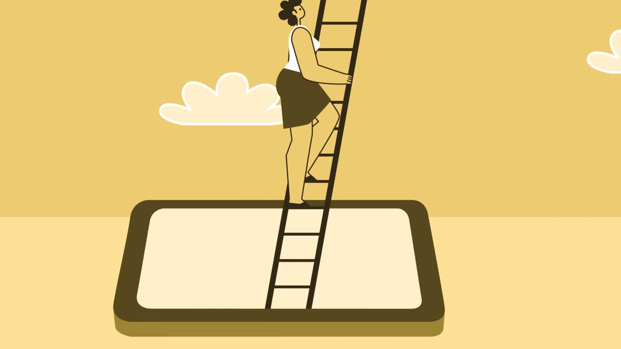 노란색 스타일의 여성 평평한 캐릭터는 스마트폰에서 사다리를 올라갑니다. 알파 채널과 함께 고립된 루프 애니메이션