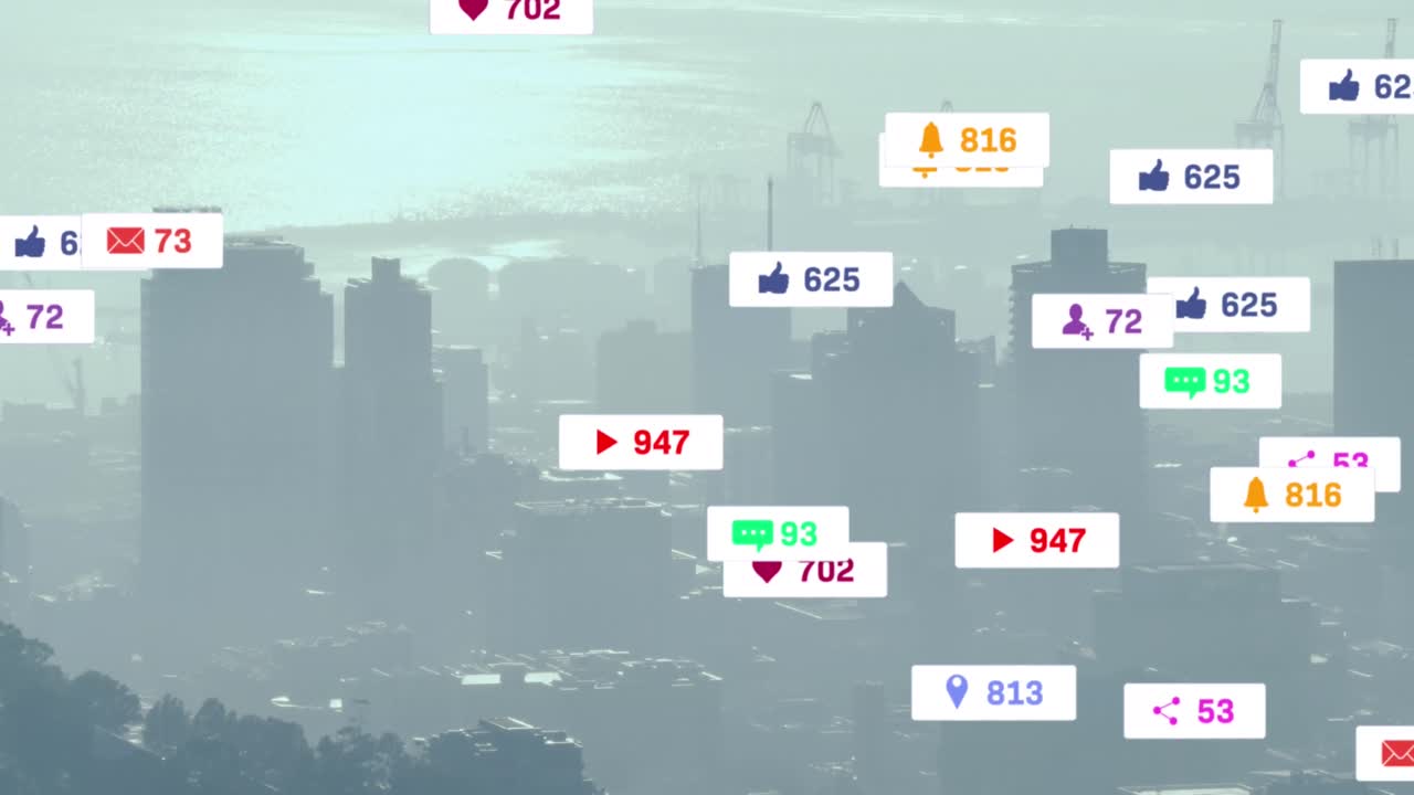 여러 소셜 미디어 아이콘의 애니메이션이 도시 풍경의 공중 전망에 대해 떠다니고 있습니다.