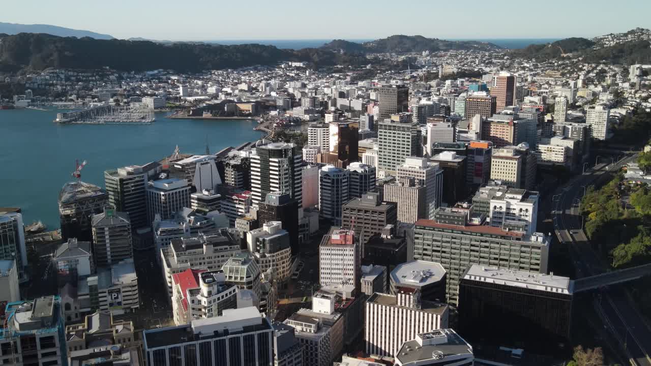 Paesaggio urbano aereo di Wellington con edifici del centro, panorama urbano della Nuova Zelanda.
