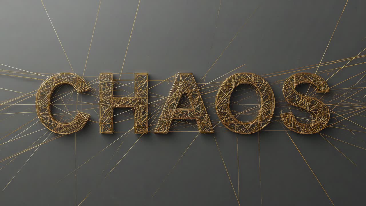 Sweeping warm spotlight crossing CHAOS letters in gallery, revealing glowing golden thread network