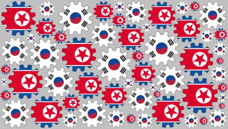 las banderas de corea del norte y del sur giran en el fondo
