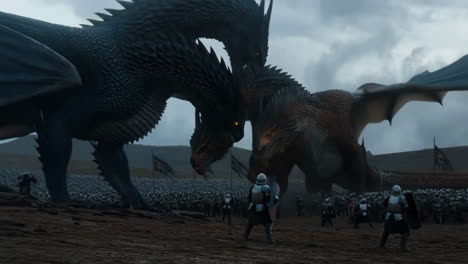 epic dragon battle on a battlefield with armies