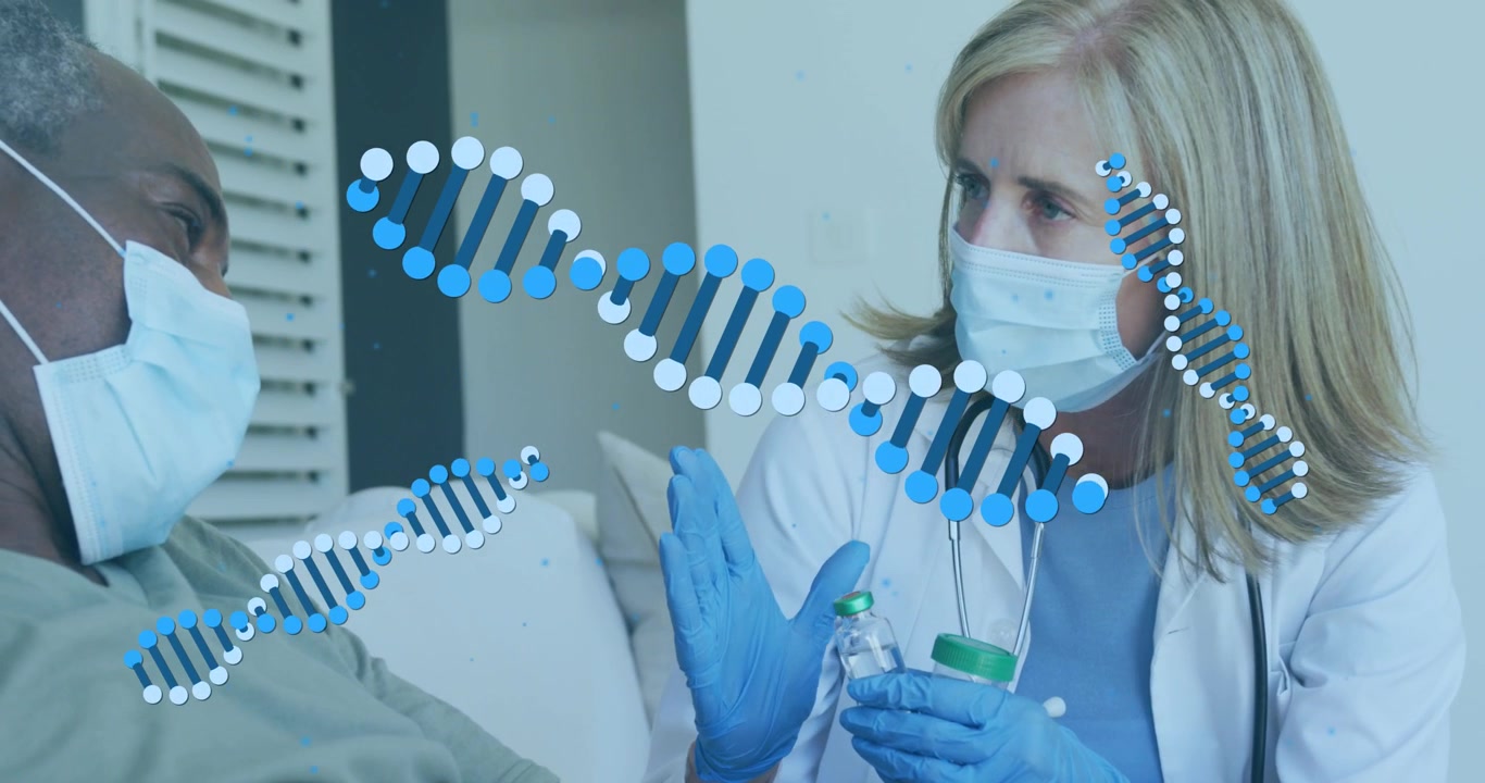 Animation of dna strands over diverse doctor and patient