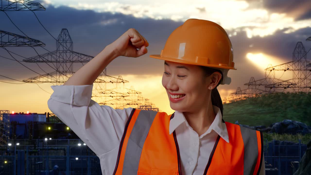Close Up Of Asian Female Engineer With Safety Helmet Flexing Her Bicep And Smiling To Camera While Standing Near High Voltage Tower