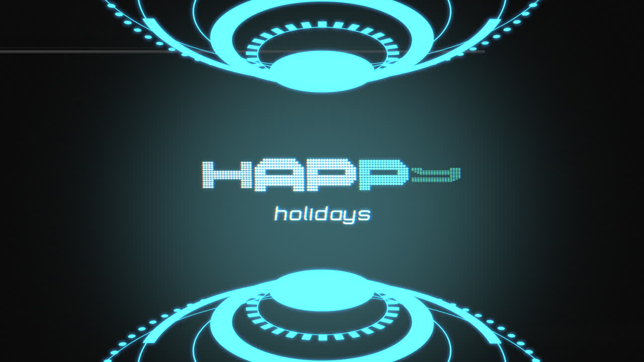 Blue and black background with circular design, featuring festive Happy Holidays wording