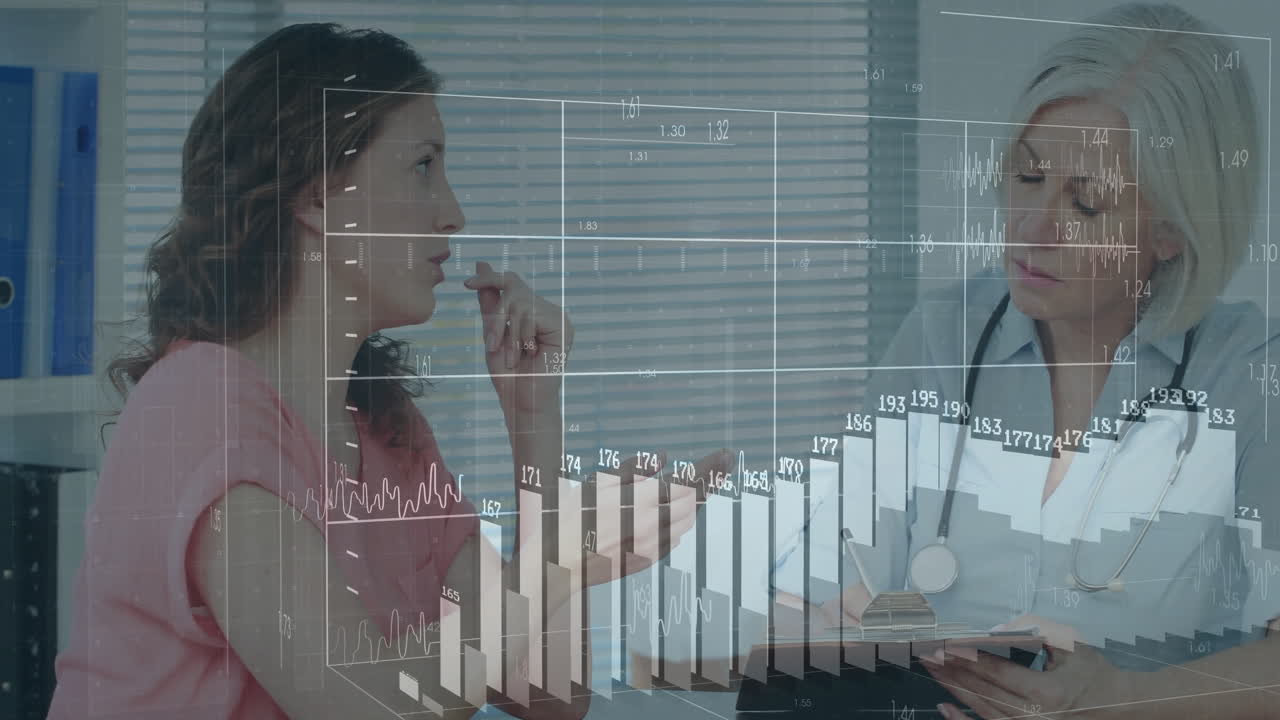 Discussing health data, two women analyzing graphs and charts in animation