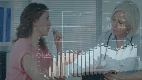 discussing health data, two women analyzing graphs and charts in animation