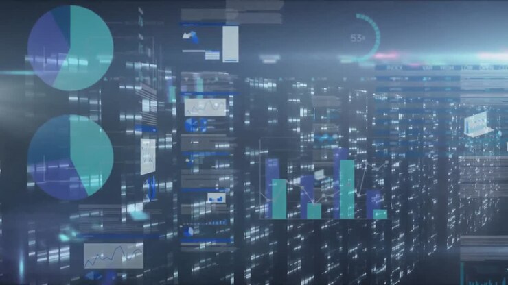 Animation of scope scanning and data processing over tech room with computer servers