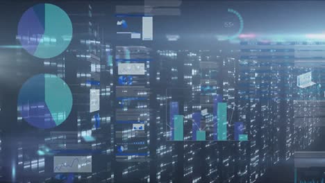 animación del escaneo del alcance y el procesamiento de datos en la sala técnica con servidores informáticos