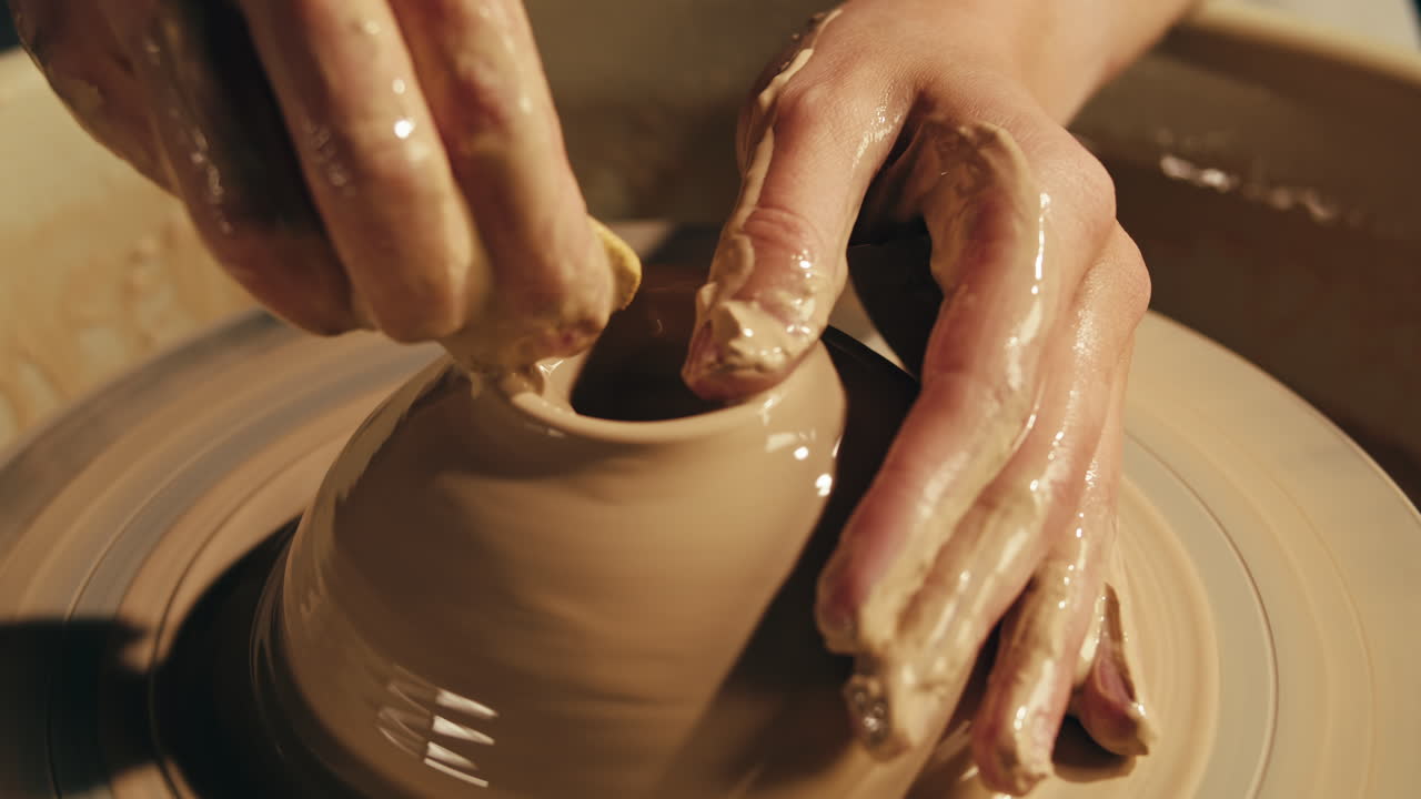 Mani che modellano l'argilla su una ruota di ceramica