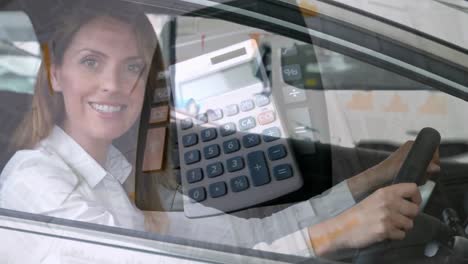 animation of two calculators floating with multiple paper sheets over caucasian woman sitting in a c