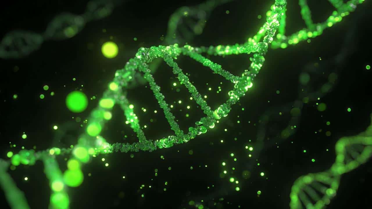 Abstract green DNA double helix molecule made of glowing particles rotating on a dark background. Scientific and medical concept for genetic research, biotechnology, and genomic sequencing