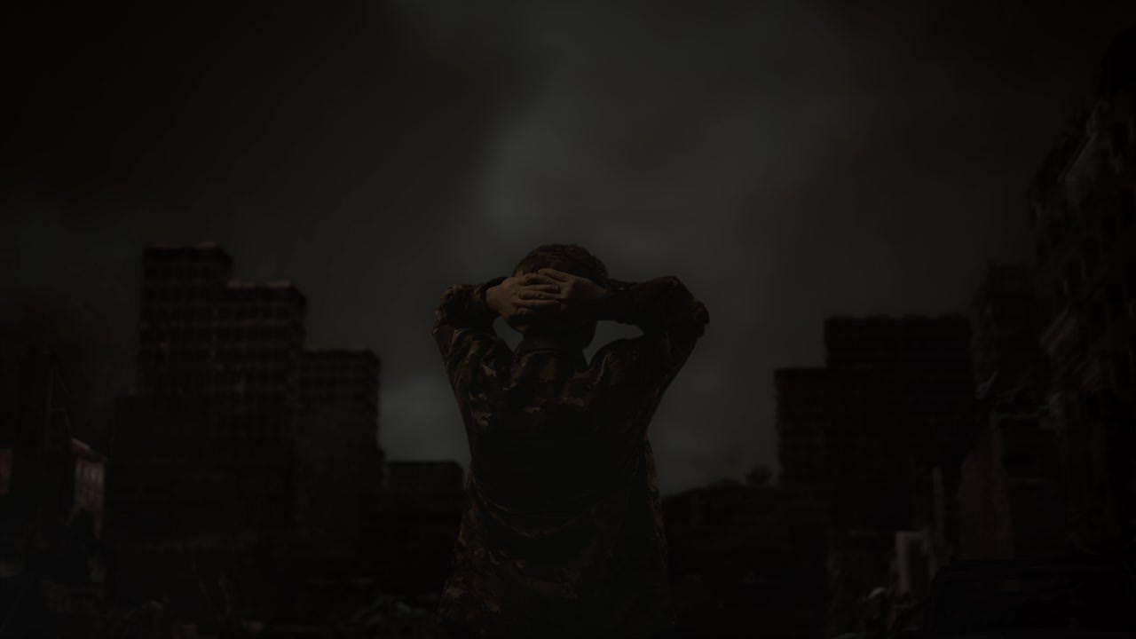 전쟁 후 폐허가 된 도시 한가운데에 서서 주위를 둘러보는 머리 뒤에 손을 고 있는 아시아 남성 군인의 뒷면