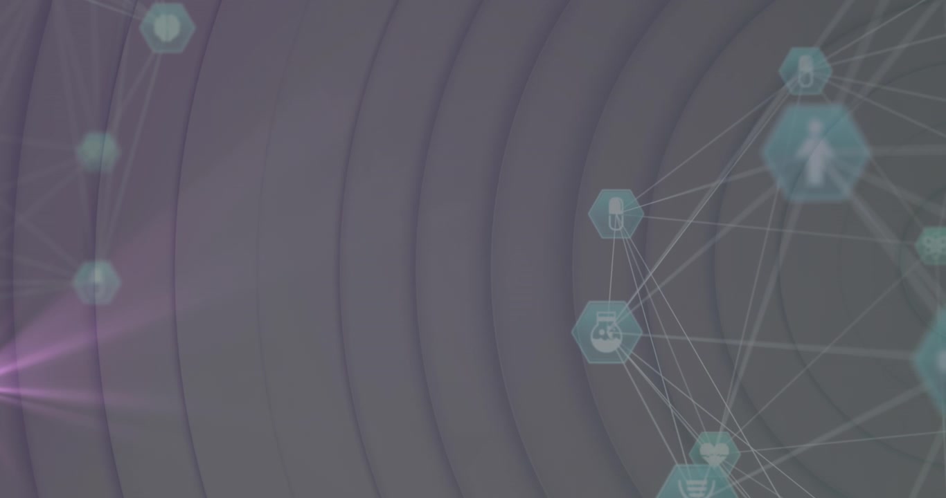 Animation of globe of medical icons and pink light spot against concentric shape on grey background
