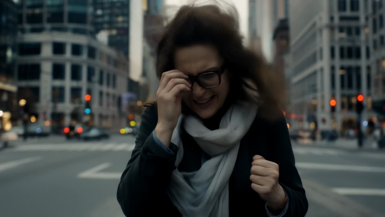 Donna energica con cappotto scuro che si sistema gli occhiali e la sciarpa mentre le raffiche di vento soffiano all'attraversamento pedonale della città