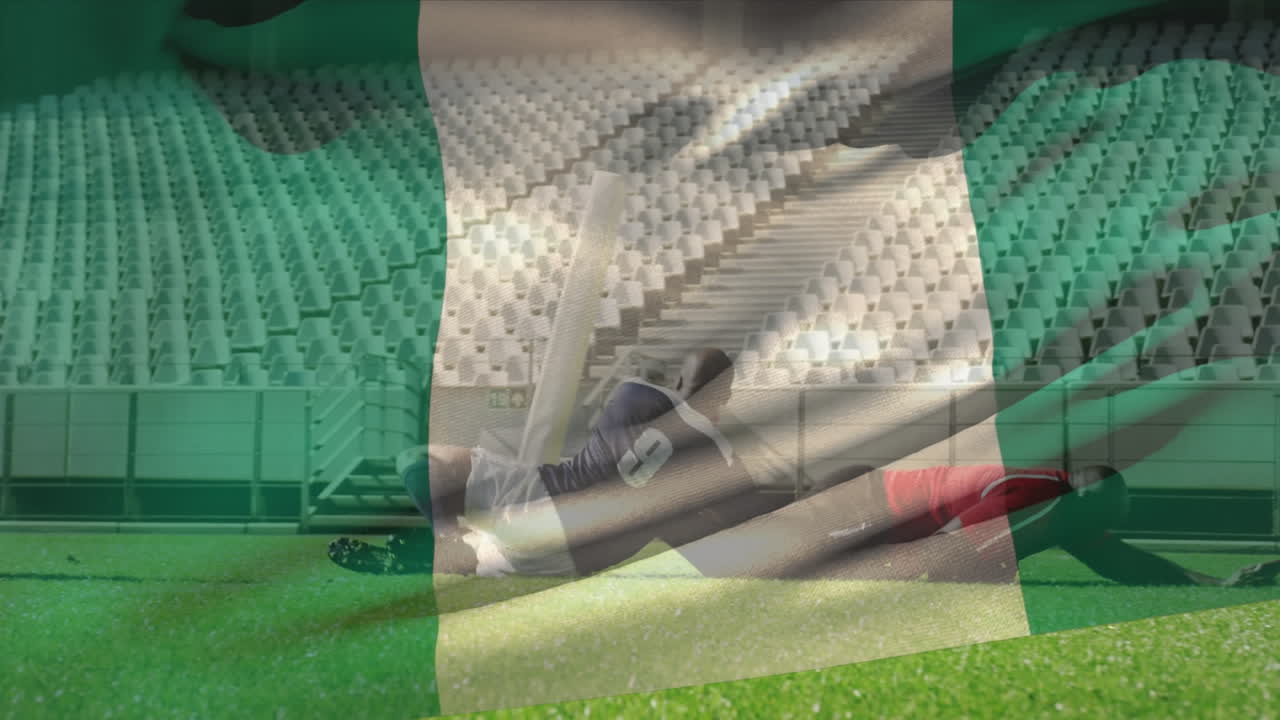 Animation of nigerian flag over african american man chasing player with rugby ball on ground