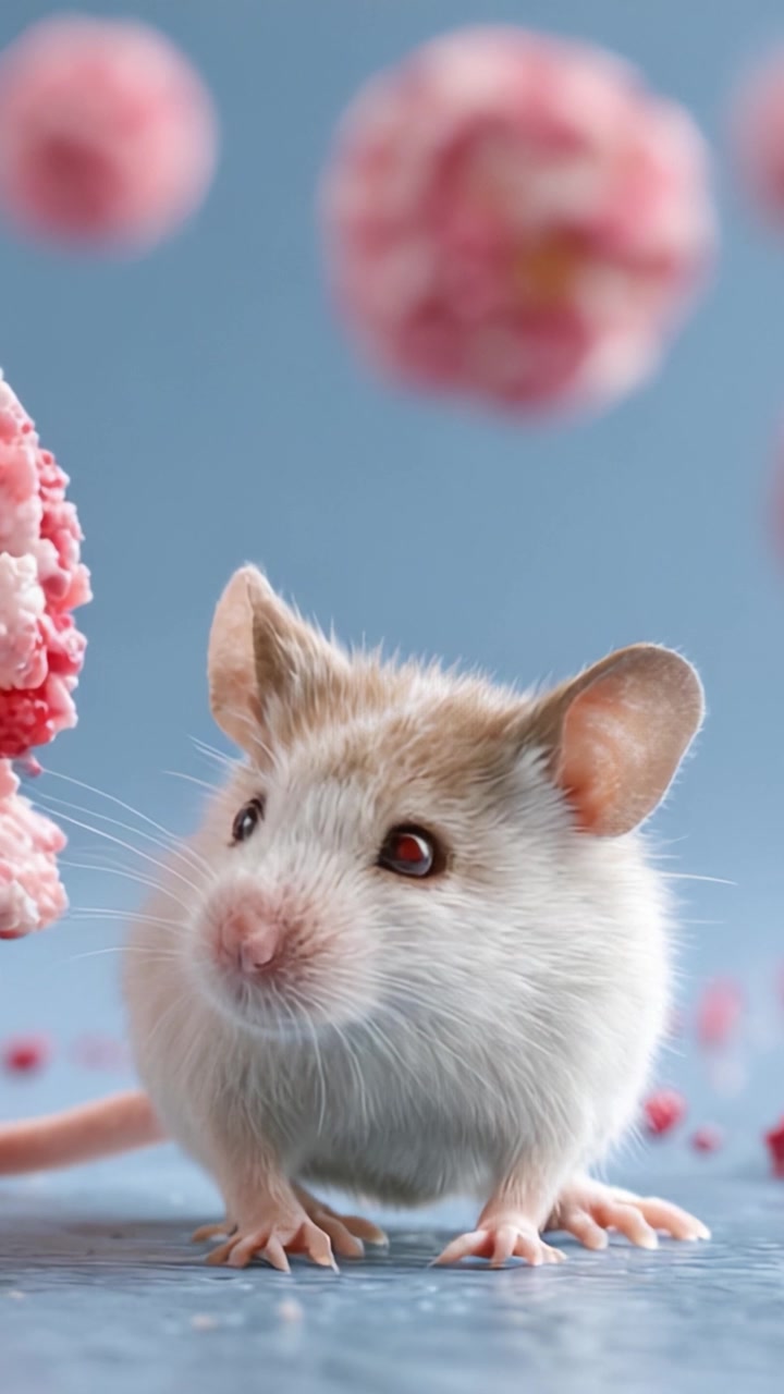 Un affascinante incontro con un topo giocoso circondato da soffici fiori rosa, catturato con dettagli mozzafiato per evidenziare le sue adorabili caratteristiche ed espressioni.
