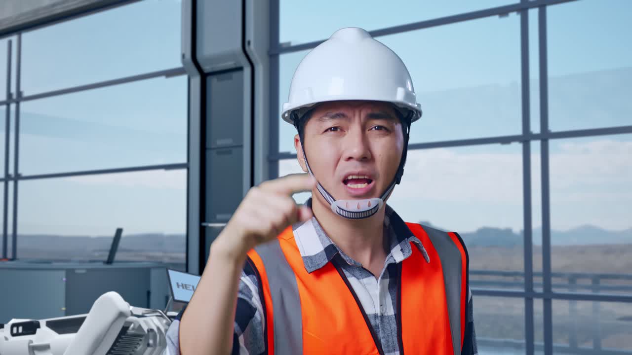 안전 헬을 입은 아시아 남성 엔지니어가 하이테크 공장에서 로 기계 개념을 분석하고 화를 내며 당신을 가리키며 소리를 질렀다.