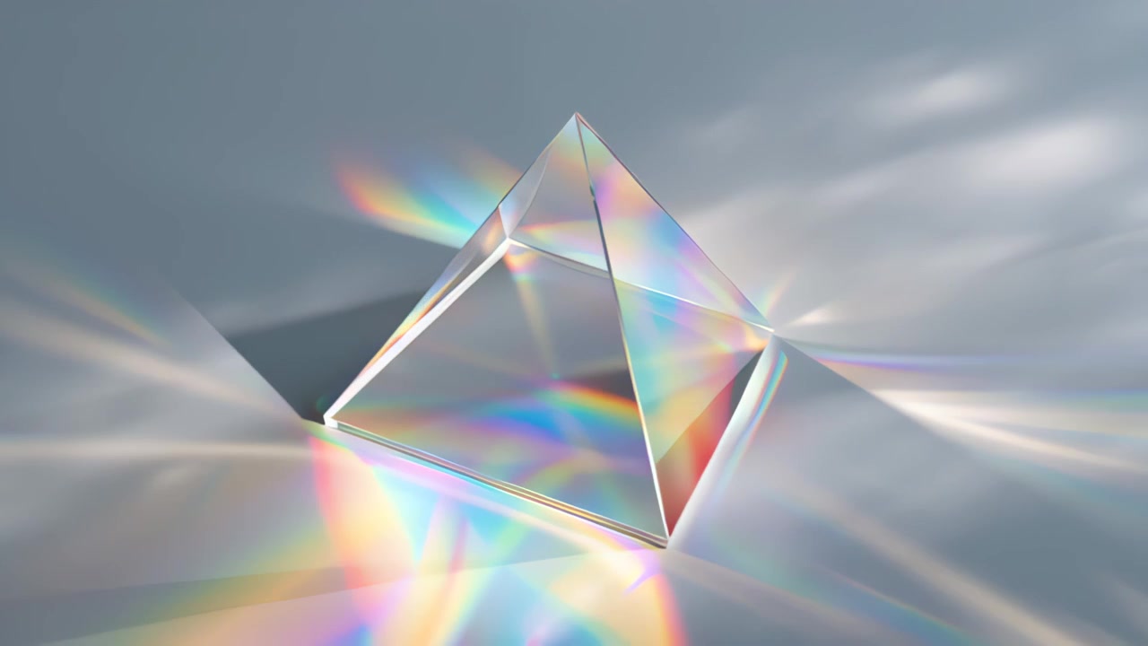 Abstract footage of a transparent glass pyramid prism casting colorful rainbow refractions and light beams on a clean white surface, minimal studio look