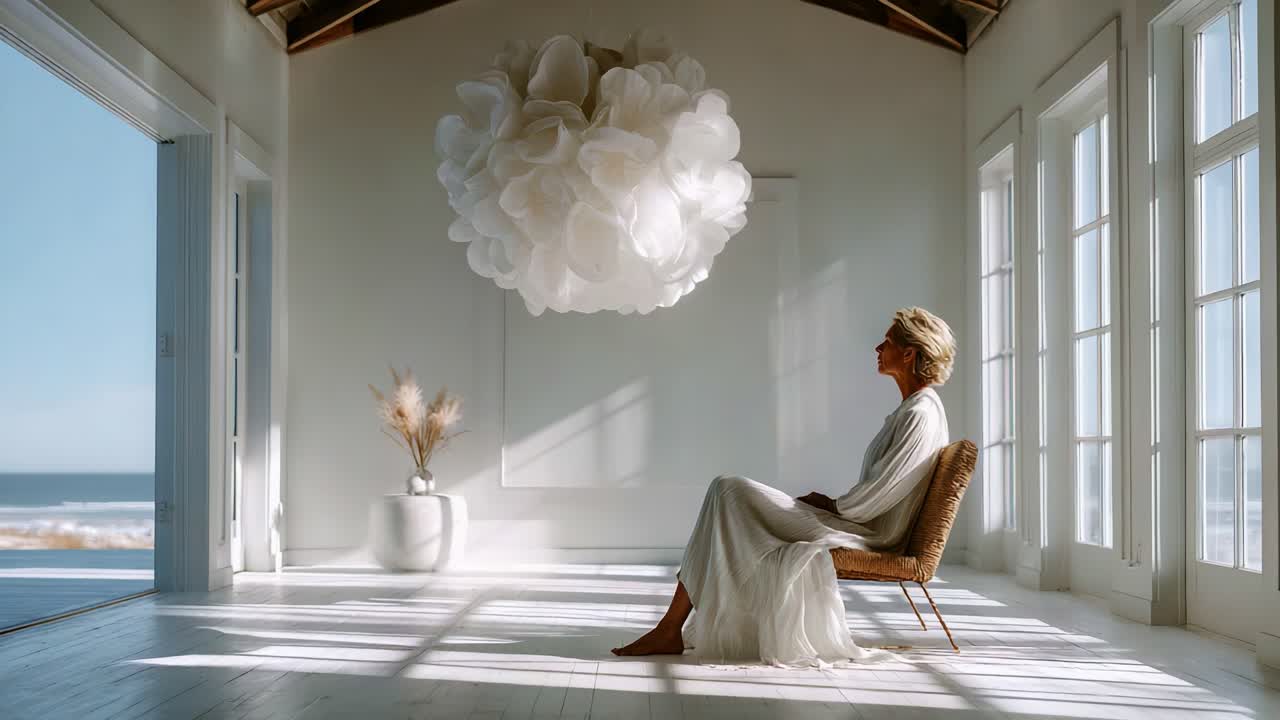A Serene Moment of Contemplation: A Woman in Elegant Apparel Sitting Gracefully in a Bright, Minimalist Room with a Unique Light Fixture Overlooking a Scenic Ocean View