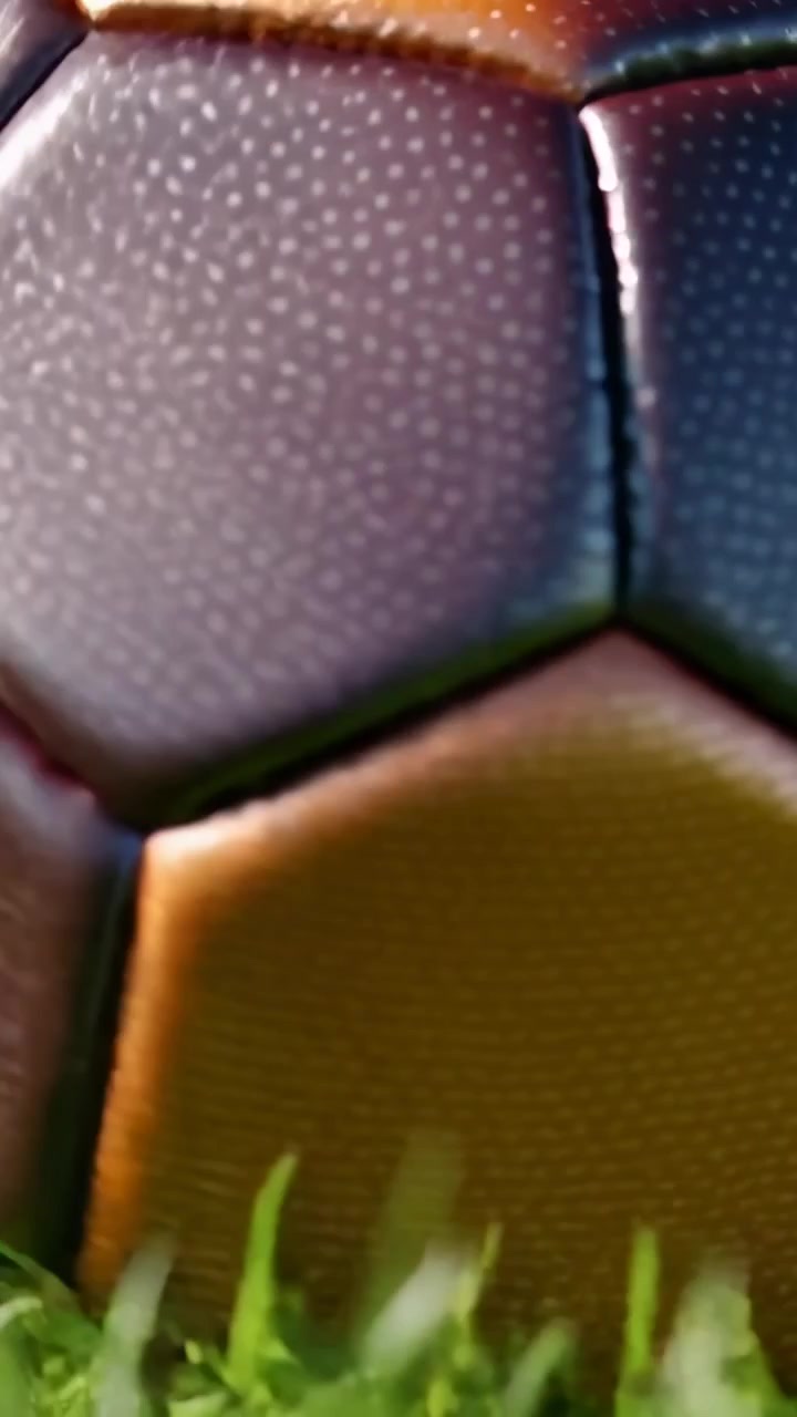 Video vertical: Balón de cuero posado mostrando paneles hexagonales sobre césped artificial, la cámara se mueve para captar un panel dorado