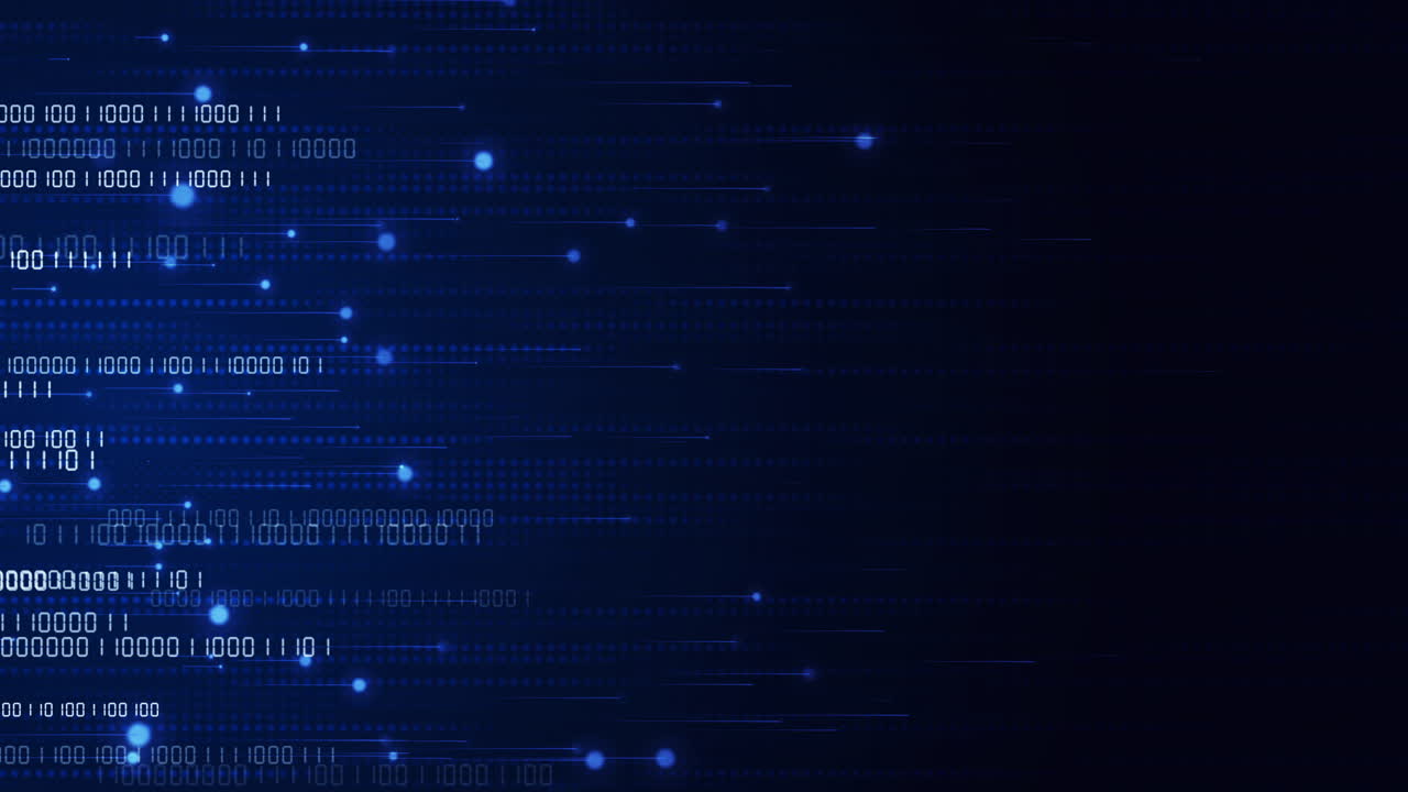Horizontal neon beams. Movement of numbers and glowing particles on blue technology background. Points and pixels in lines. Looped animation.