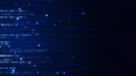 horizontal neon beams. movement of numbers and glowing particles on blue technology background. points and pixels in lines. looped animation.