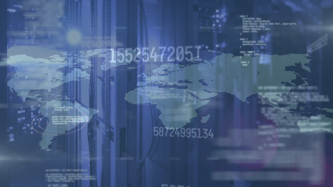 múltiples números cambiantes y procesamiento de datos contra el mapa del mundo en fondo azul