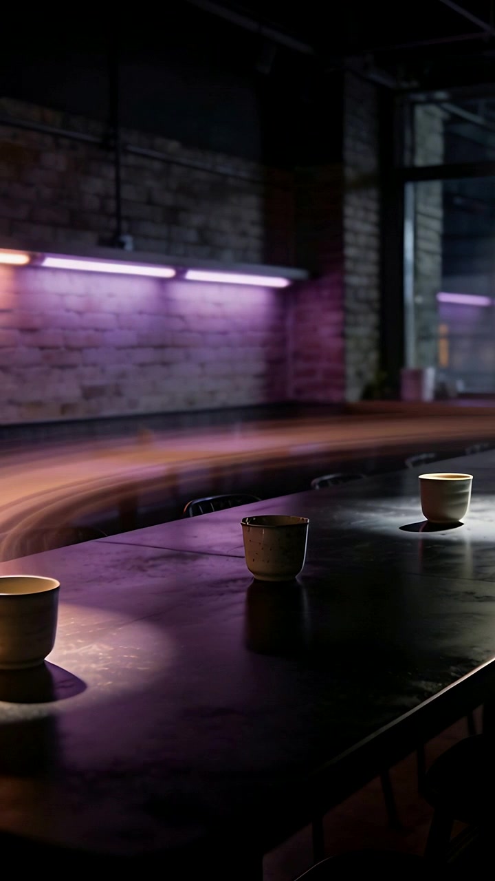 Video verticale: Partendo da sinistra, una fascia calda attraversa un tavolo lucido in un caffè, riflettendo tre tazze