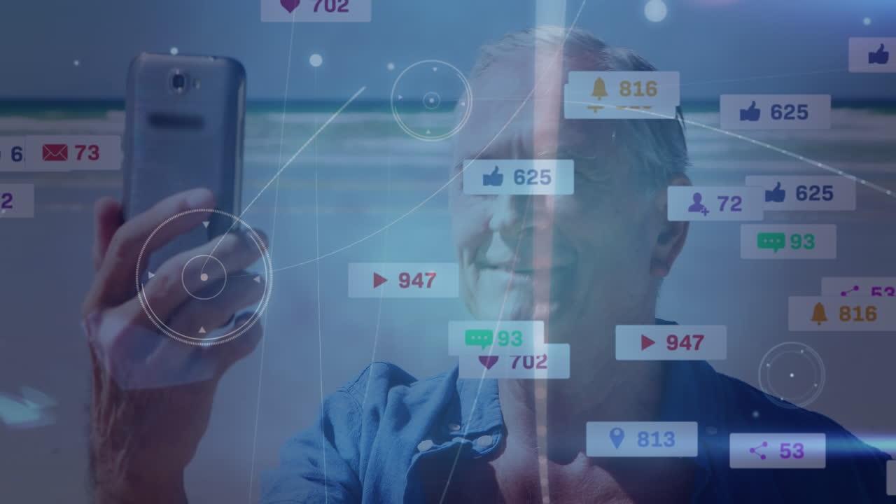 animación de iconos de los medios sobre el hombre caucásico en la playa