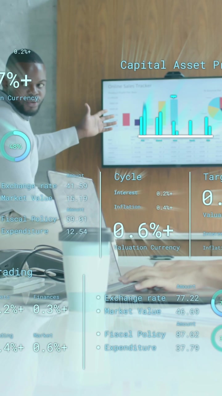 Data processing on interface over diverse colleagues discussing at casual office presentation
