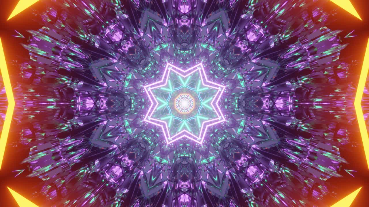 vuelo a través de un entorno futurista de efecto calidoscopio 3d con patrones de luz de neón brillante