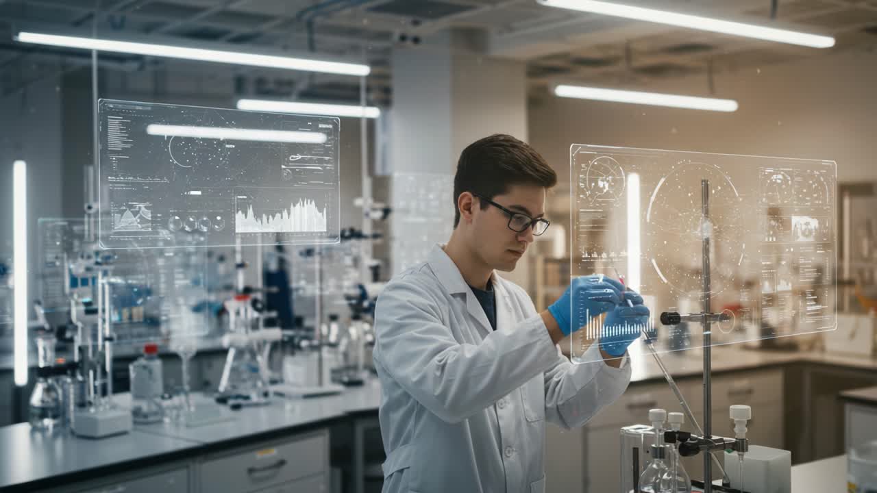Innovative Scientist Analyzing Data with Advanced Holographic Technology in a High-Tech Laboratory Setting, Merging Traditional Research with Modern Digital Insights
