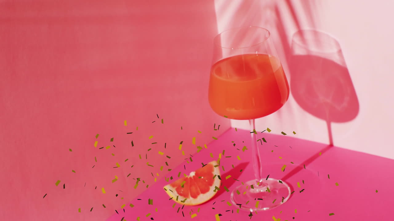Animation von fallendem Konfetti und Cocktails auf rosa Hintergrund