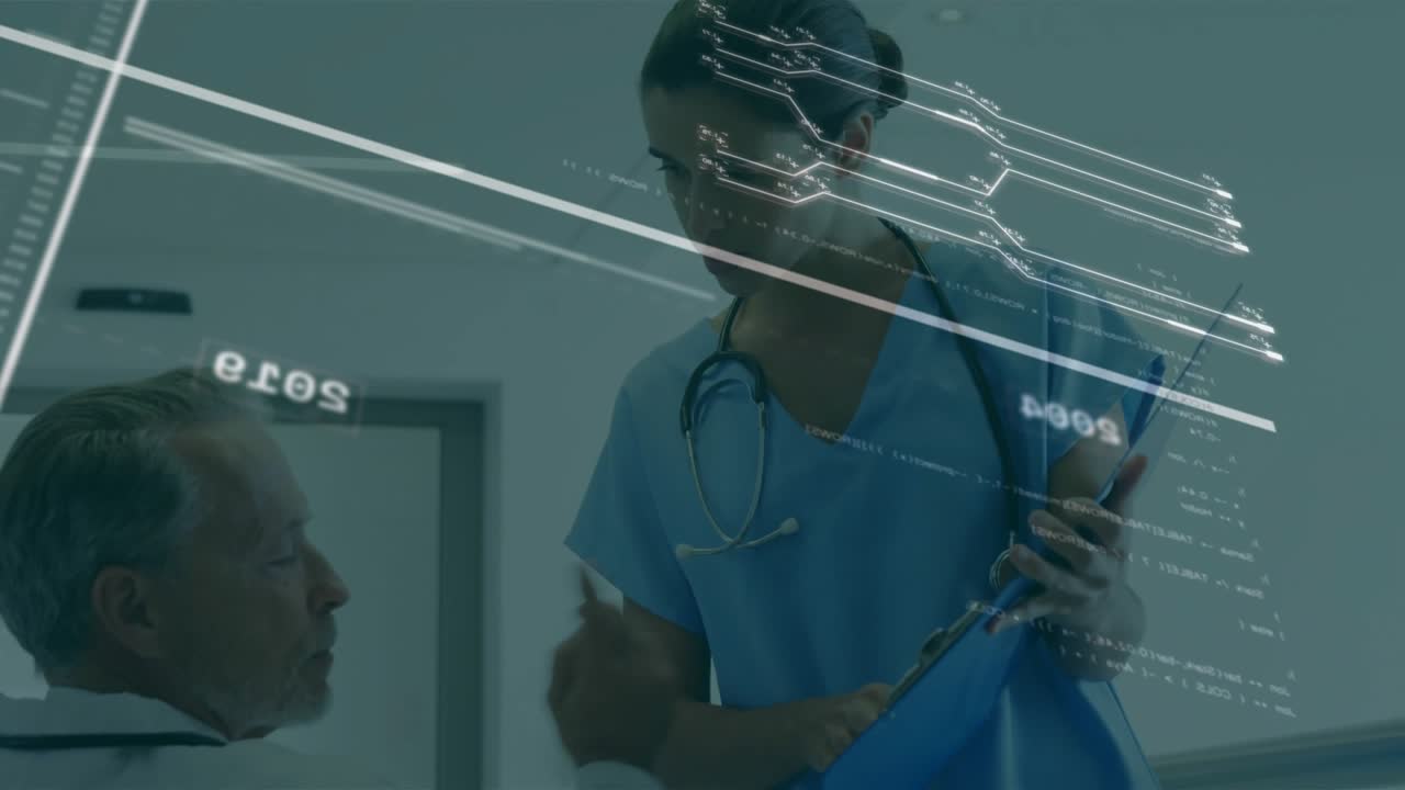 Medical overlay sweeping prompts nurse leaning, showing chart reviewing walking away patient seated