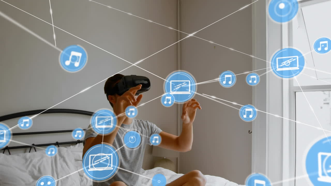 animación de la red de conexiones con iconos sobre el hombre que usa auriculares vr