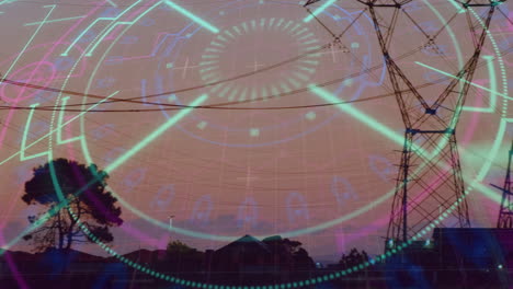 digital interface animation overlaying suburban landscape with power lines and trees