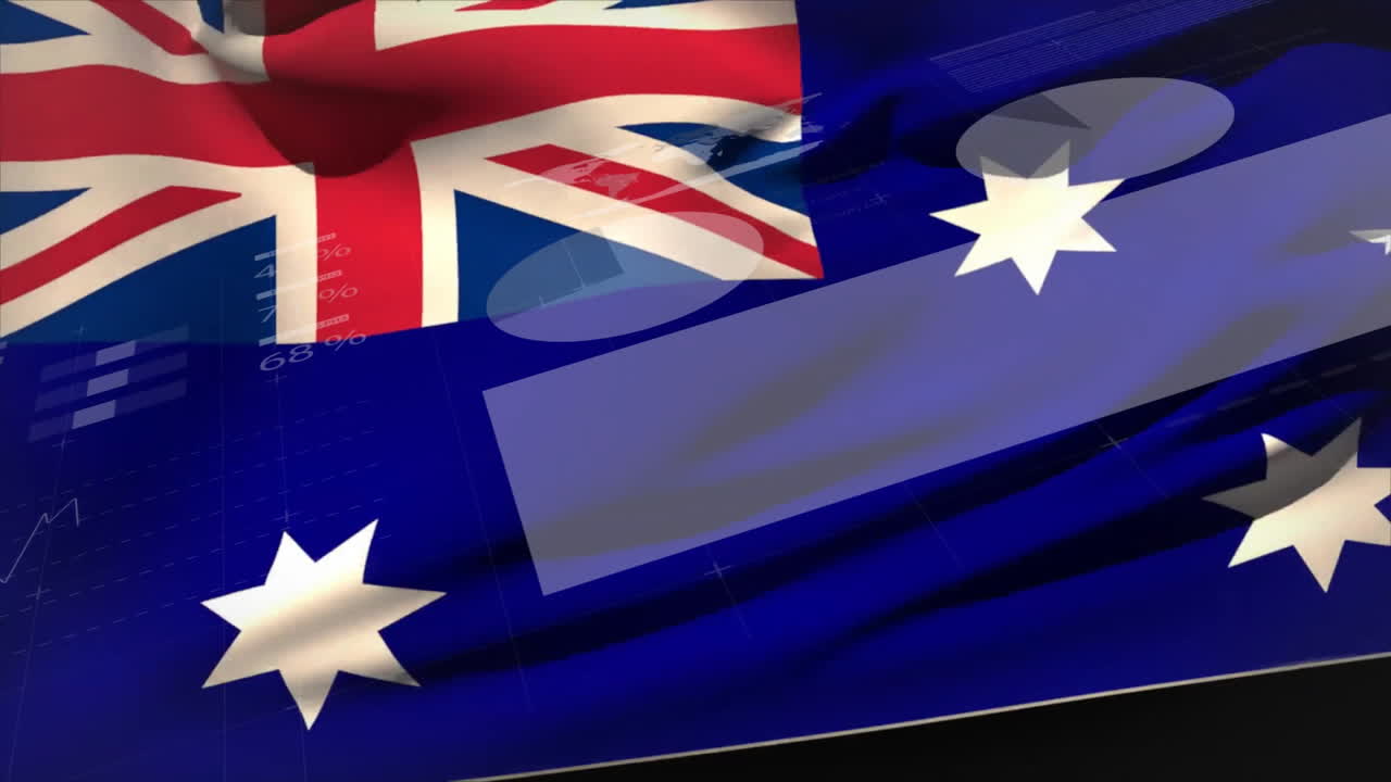 Australian flag waving over digital financial data and charts animation