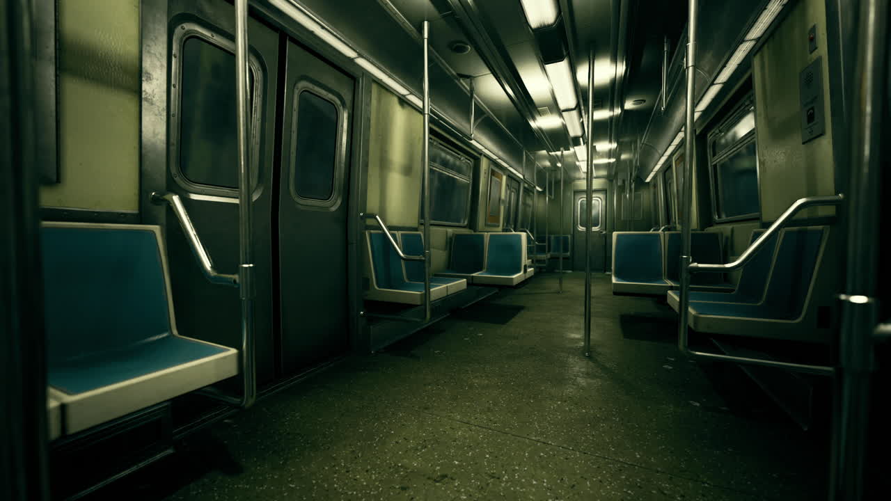 Interni misteriosi e vuoti di una carrozza della metropolitana con sedili blu e illuminazione soffusa
