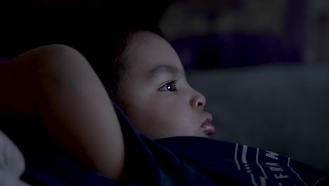 un niño de 18 meses se relaja en el sofá, absorto en ver la televisión, con reflejos de luz suaves que proyectan una atmósfera acogedora, encarnando la esencia del tiempo libre de casa.