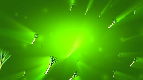 fresh leeks smoothly moving on the green background. 3d loop animation.