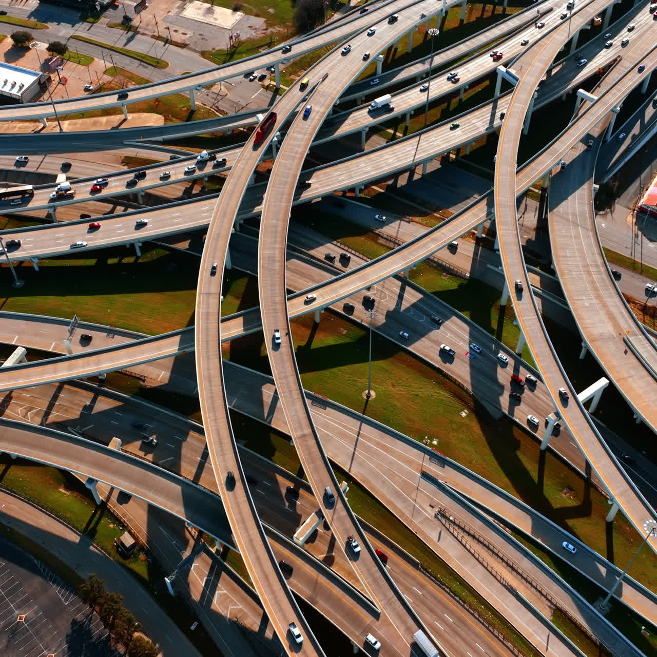 Freeways crossing in Dallas, Texas, USA. Top view on the cars going by the roads at daytime