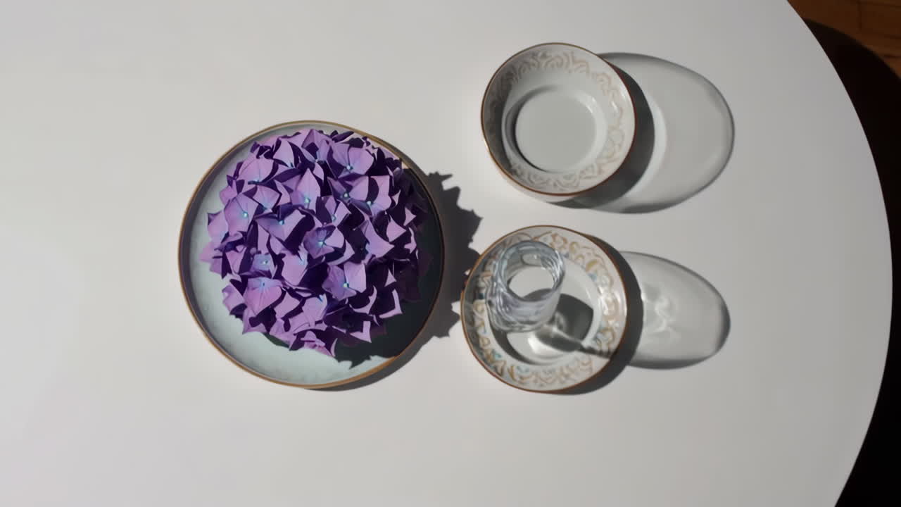 Still Life with Purple Hydrangeas and Elegant Tableware